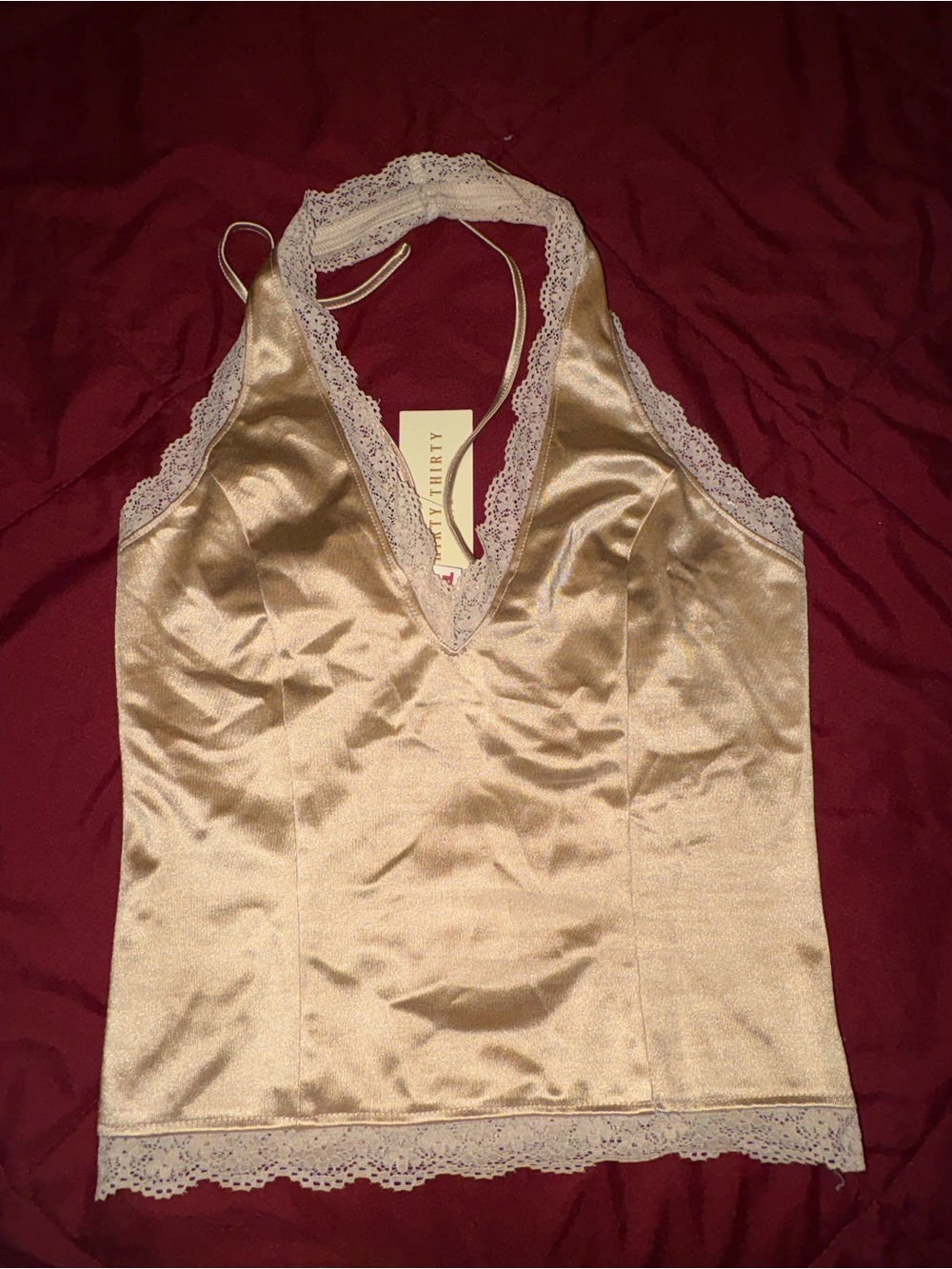 Silky Lace-Trim Halter Camisole in Champagne - Brand: